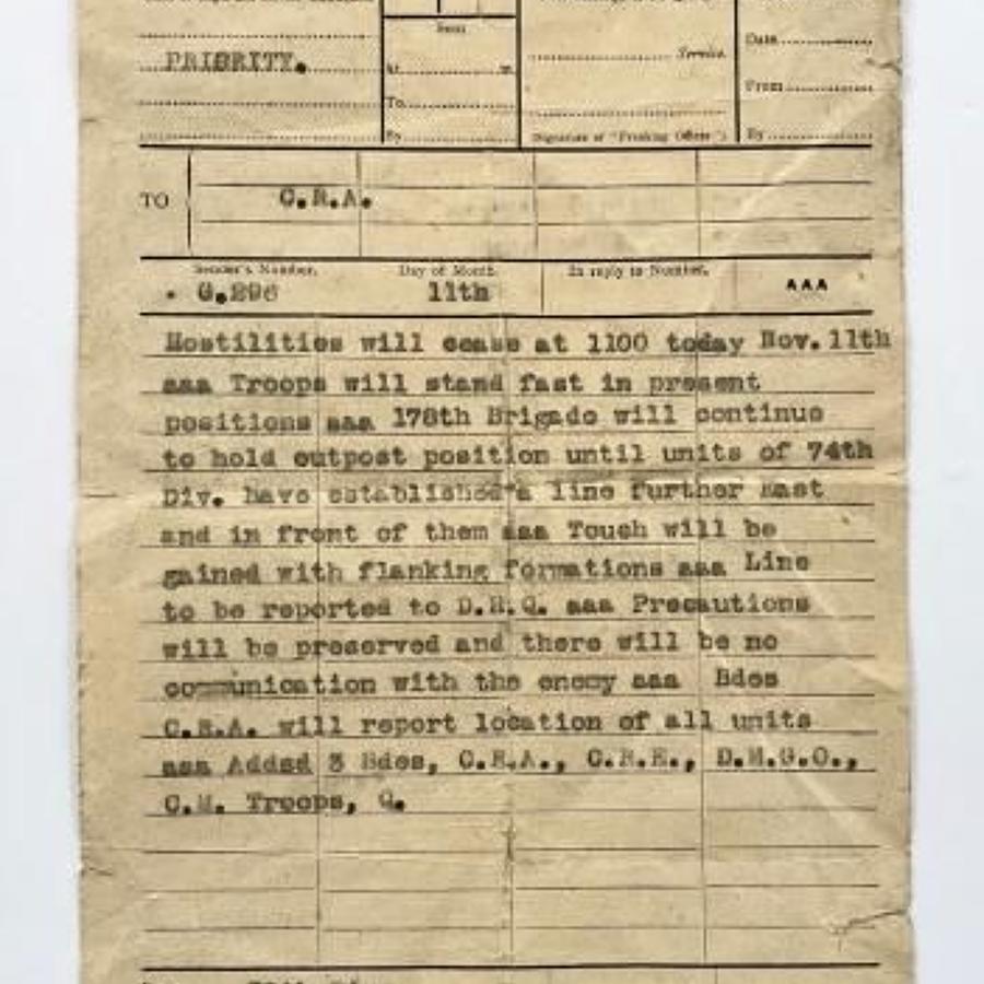 WW1 1918 59th Division End of Hostilities Original Message