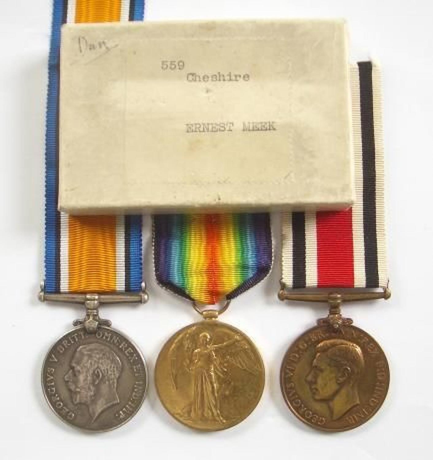 WW1 Cheshire Regiment Group of Three Medals.