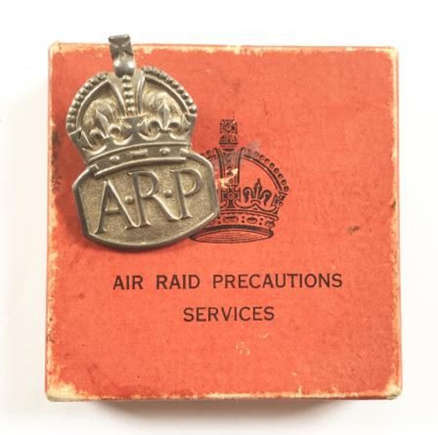 WW2 ARP Air Raid Precautions Services Silver 1938 Badge & Box.