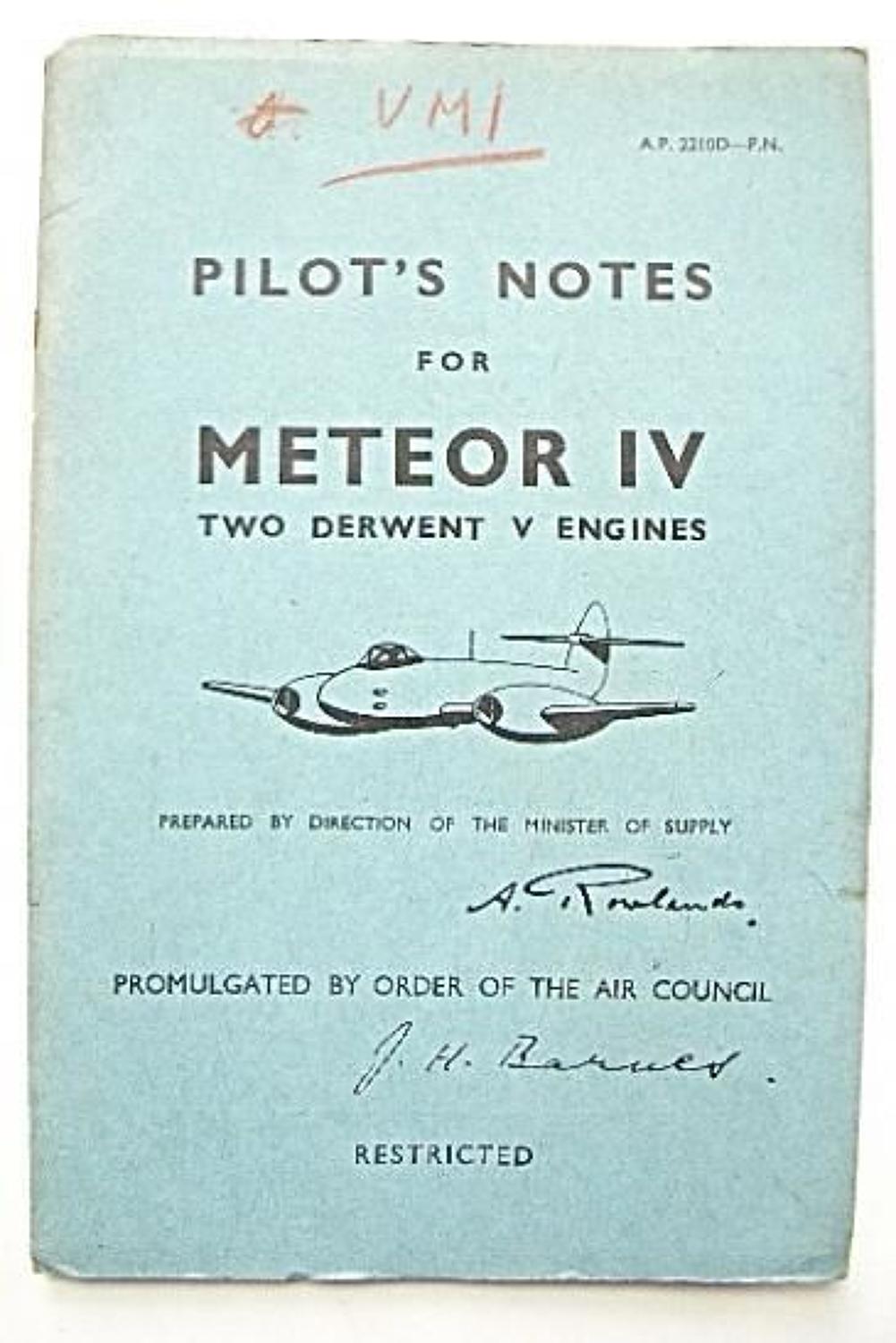 RAF Cold War Period Original Pilots Notes for the Meteor IV.