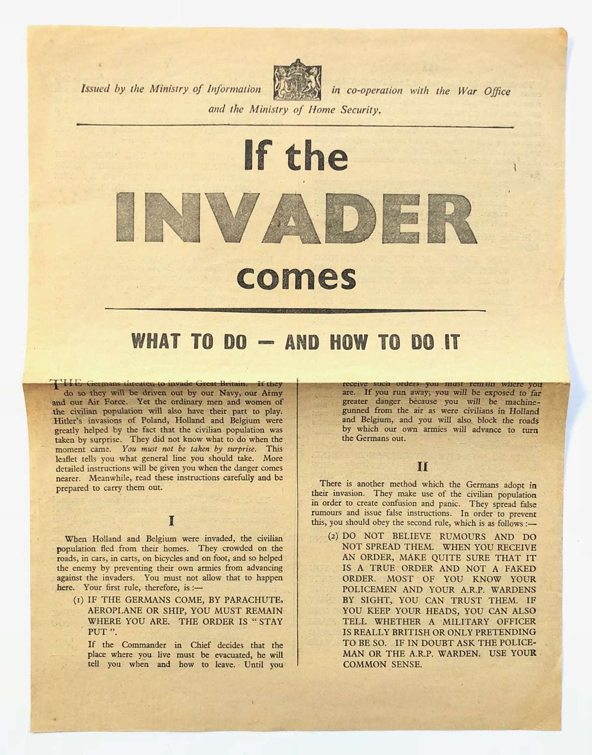 WW2 “If The Invader Comes” Home Front Civil Defence Leaflet