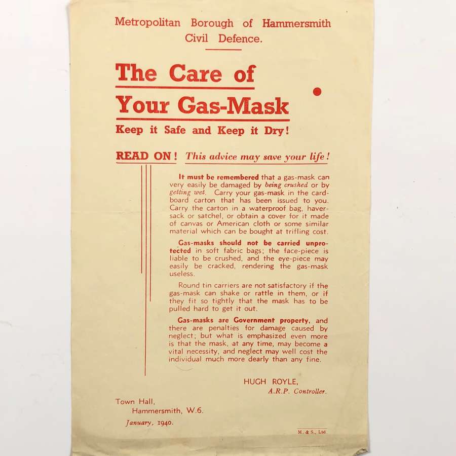 WW2 Home Front Hammersmith London Care of Gas Mask Leaflet.