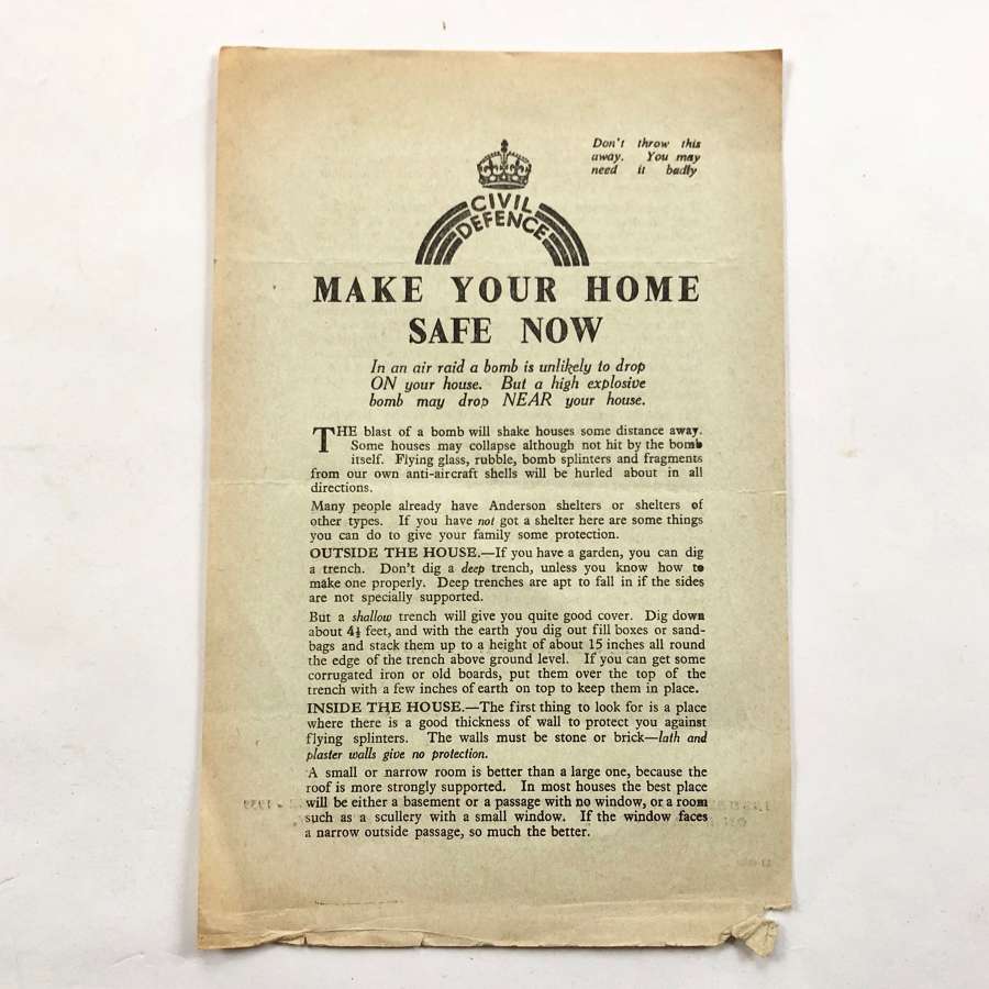 WW2 Home Front Civil Defence Make Your Home Safe Leaflet.