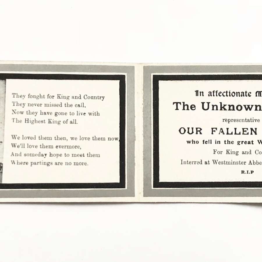 WW1 Original 1920 Unknown Warrior Memorial Card.