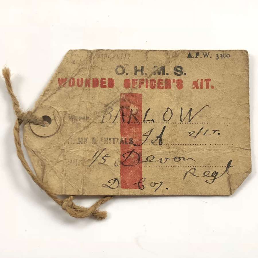 WW1 1/5th Bn Devonshire Regiment Wounded Officer’s Kit Label