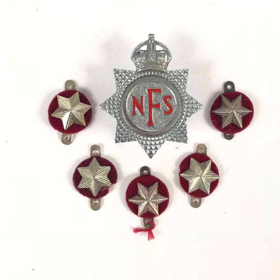 WW2 Period National Fire Service Cap Badge & Rank Badges.