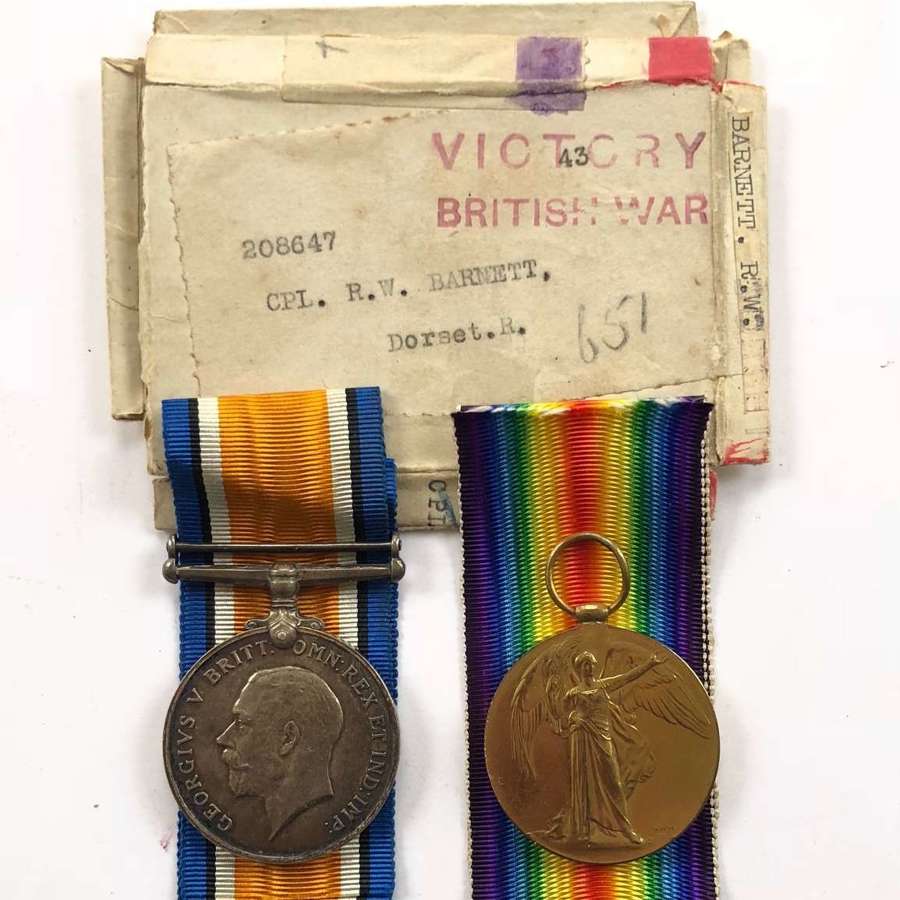 WW1 6th Bn Dorsetshire Regiment 1918 Casualty Pair of Medals.