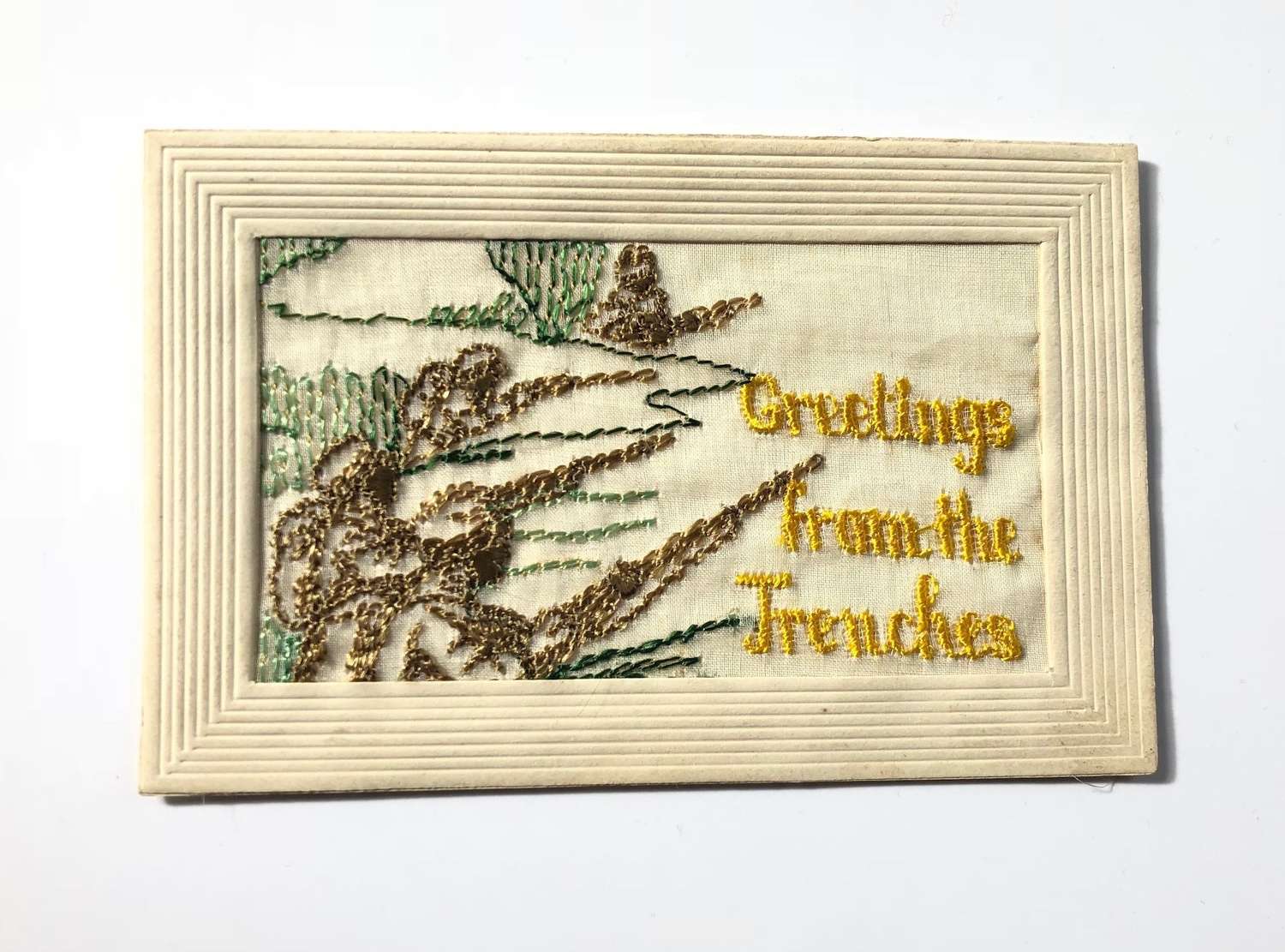 WW1 Unusual Silk Embroidered Postcard Greeting From The Trenches