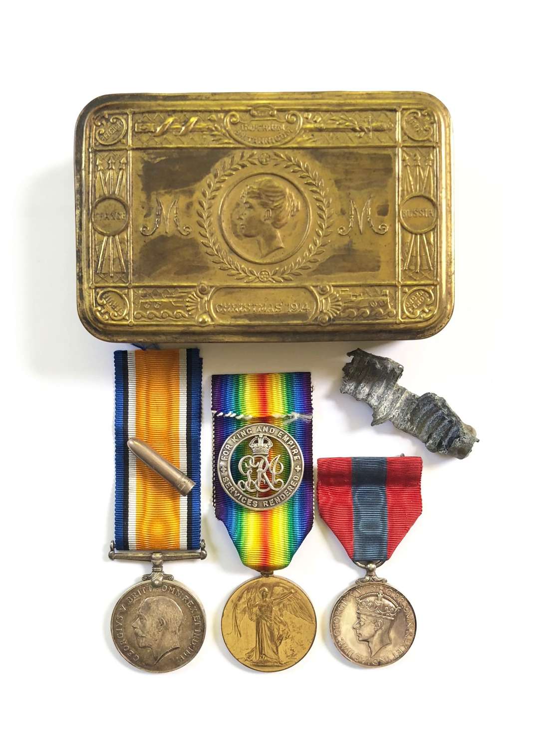 WW1 Royal Garrison Artillery Medal Group & Silver War Badge Tin,  etc
