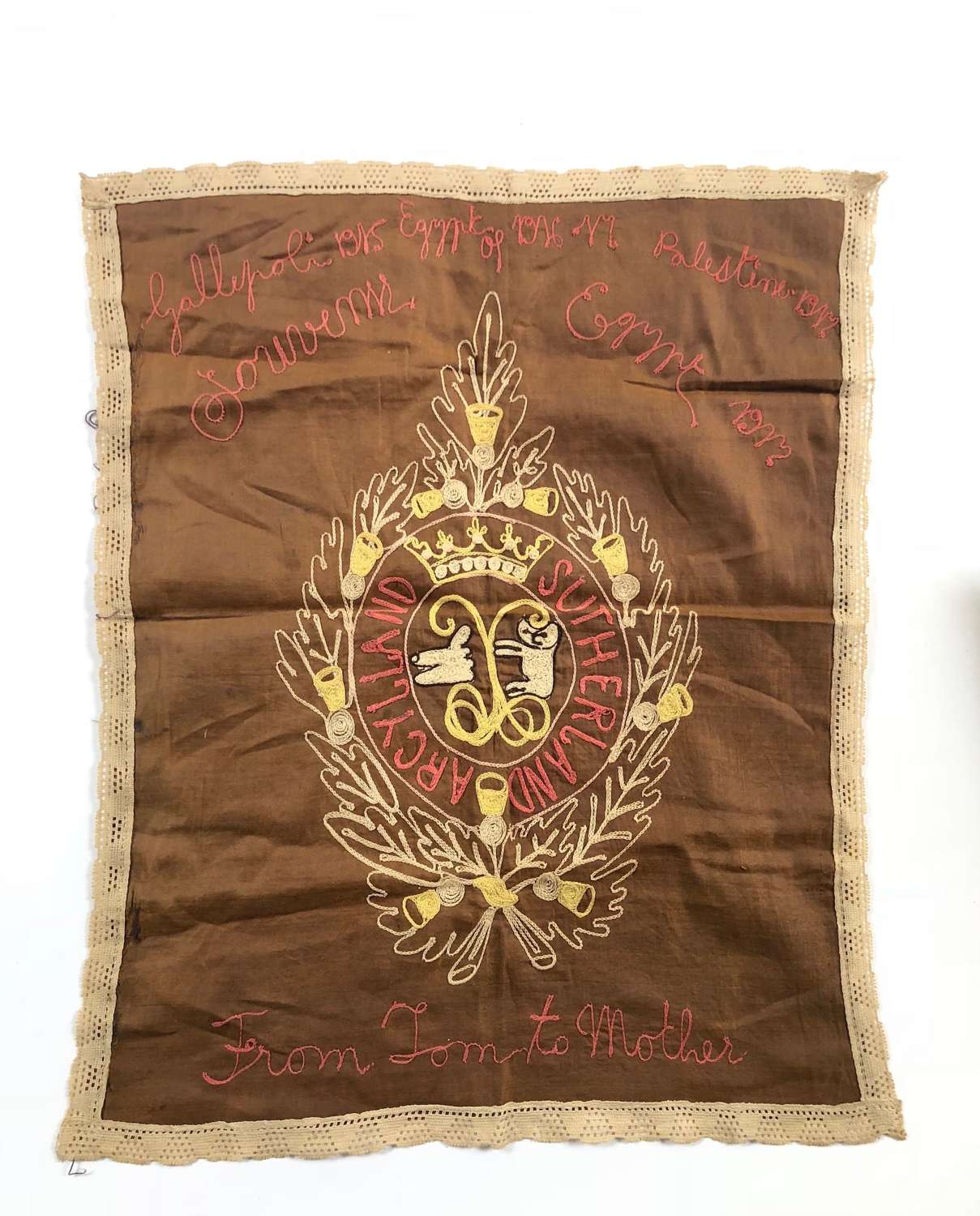 WW1 Argyll & Sutherland Highlanders Embroidered Pillow Case Front.