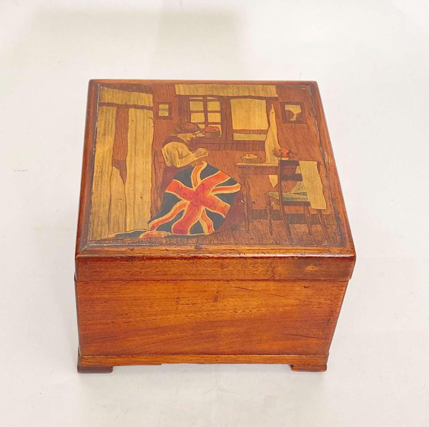 WW1 Patriotic Union Jack Inlaid Mahogany Sewing Box.