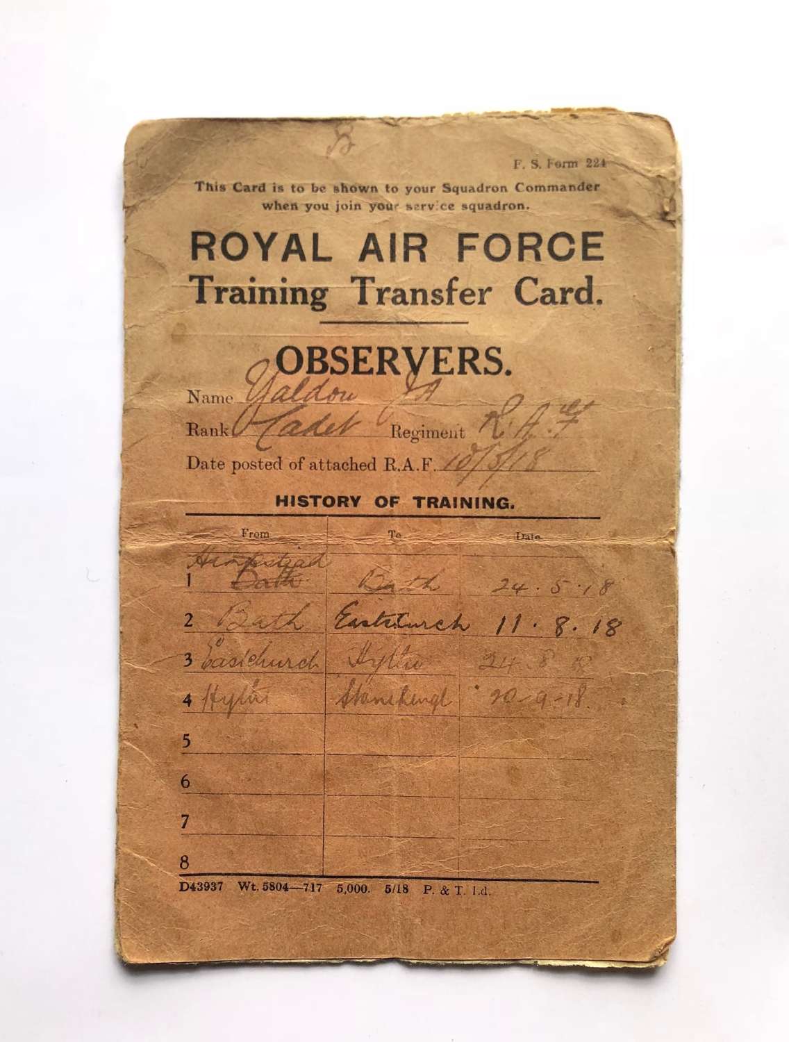 WW1 RAF May 1918 Observer’s Training Record.