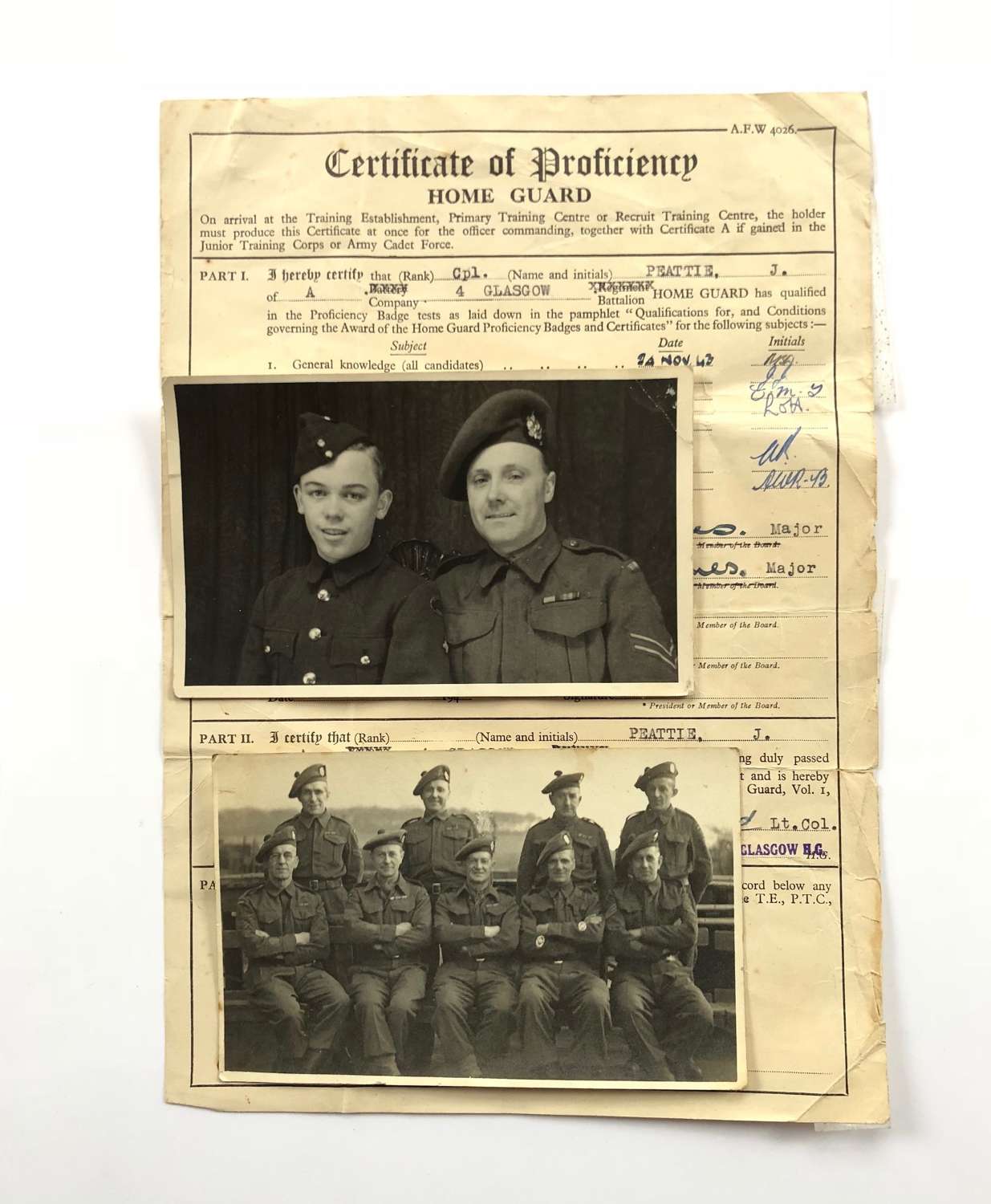 WW2 4th City of Glasgow Bn Home Guard Certificate & Photos.