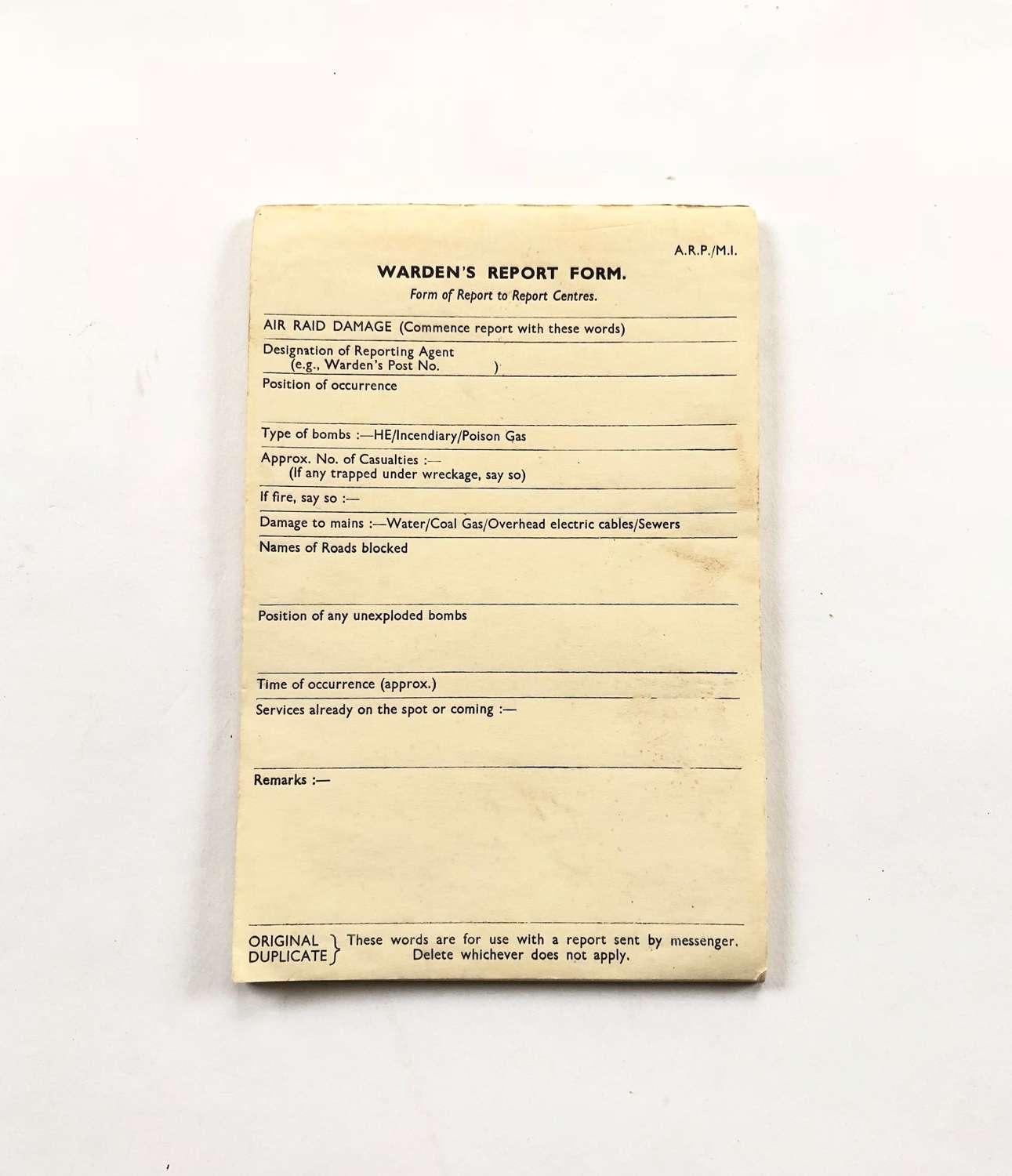 WW2 Home Front Air Raid Warden Report Forms.