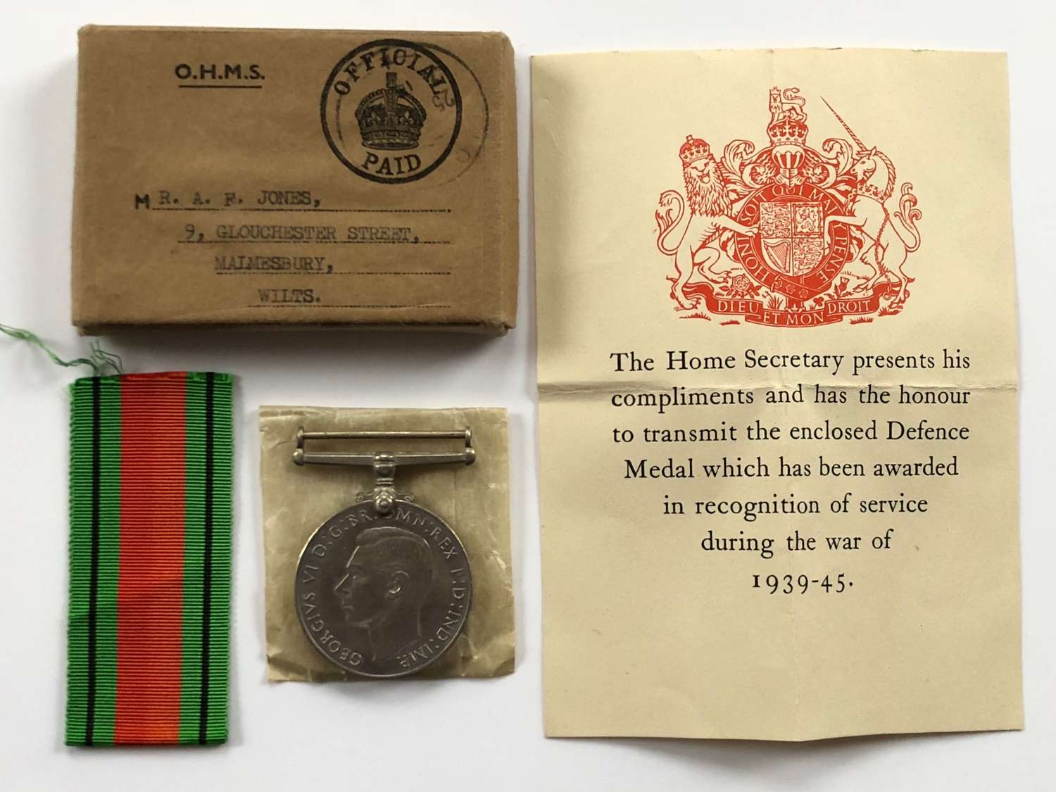 WW2 Malmesbury Wiltshire Home Front Defence Medal & Box