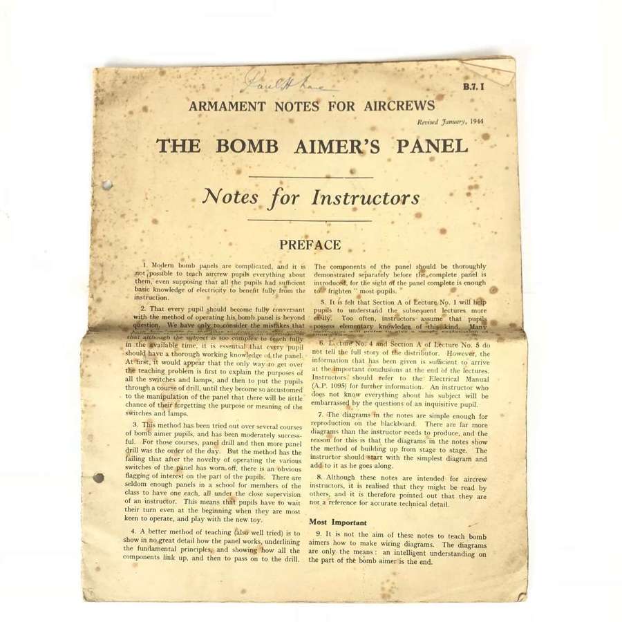 WW2 RAF 1944 Bomb Aimer’s Panel Instruction Notes