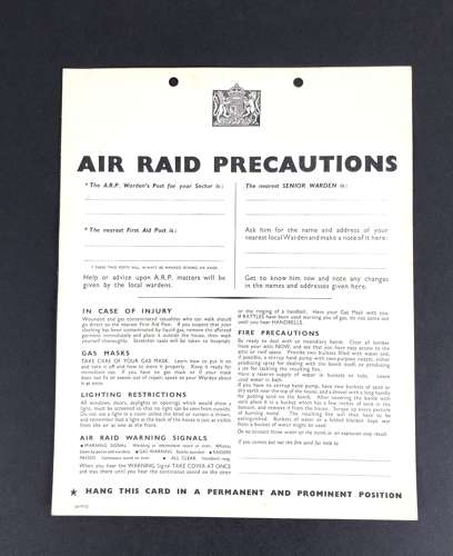WW2 Home Front ARP Information Card Unused.