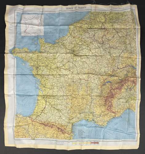 WW2 D-Day RAF Special Forces Silk Escape Map ' Zones of France & Normandy March 1944