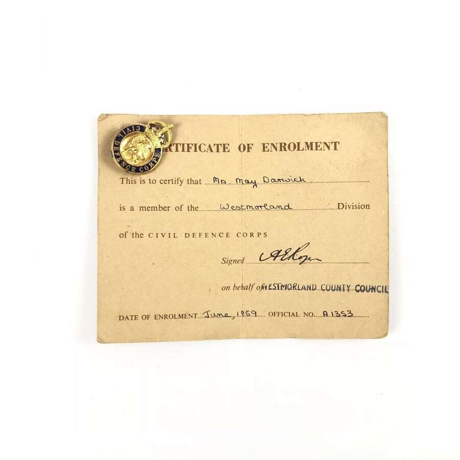 1959 Civil Defence Corps Members Badge & Certificate Westmorland