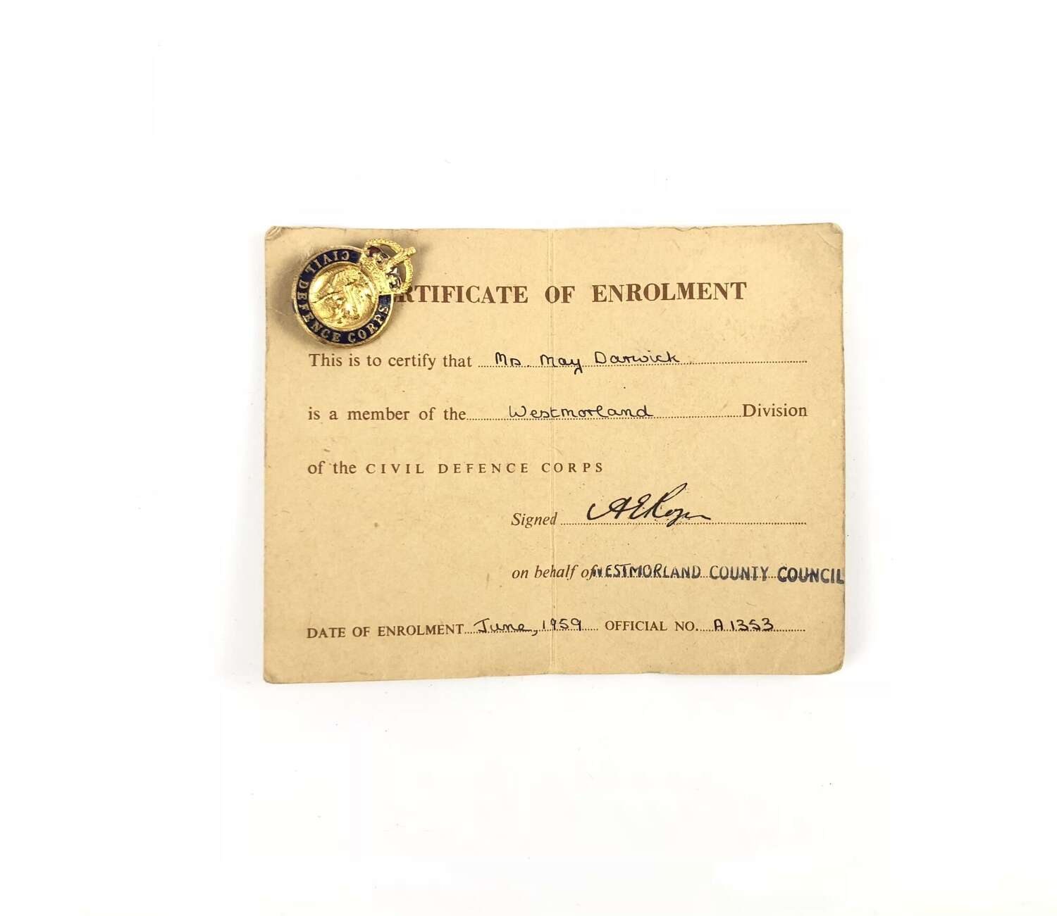 1959 Civil Defence Corps Members Badge & Certificate Westmorland