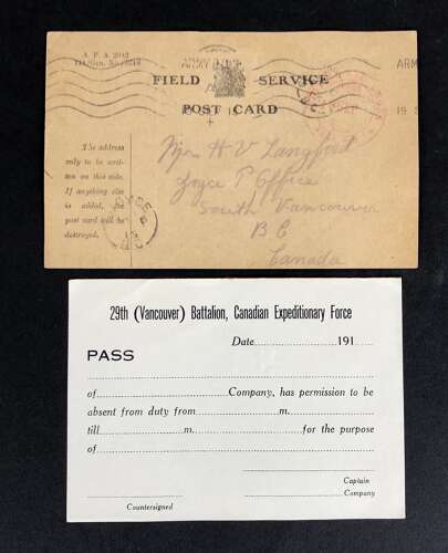 WW1 29th (Vancouver) Bn Canadian CEF Ephemera.