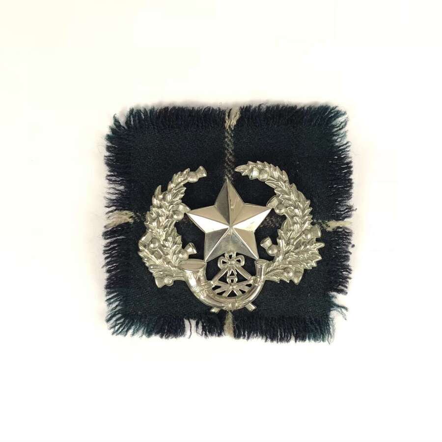 Cameronians, Scottish Rifles Glengarry NCO Large Badge & Backing Tartan.