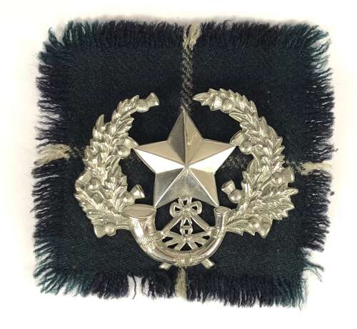 Cameronians, Scottish Rifles Glengarry NCO Large Badge & Backing Tartan.